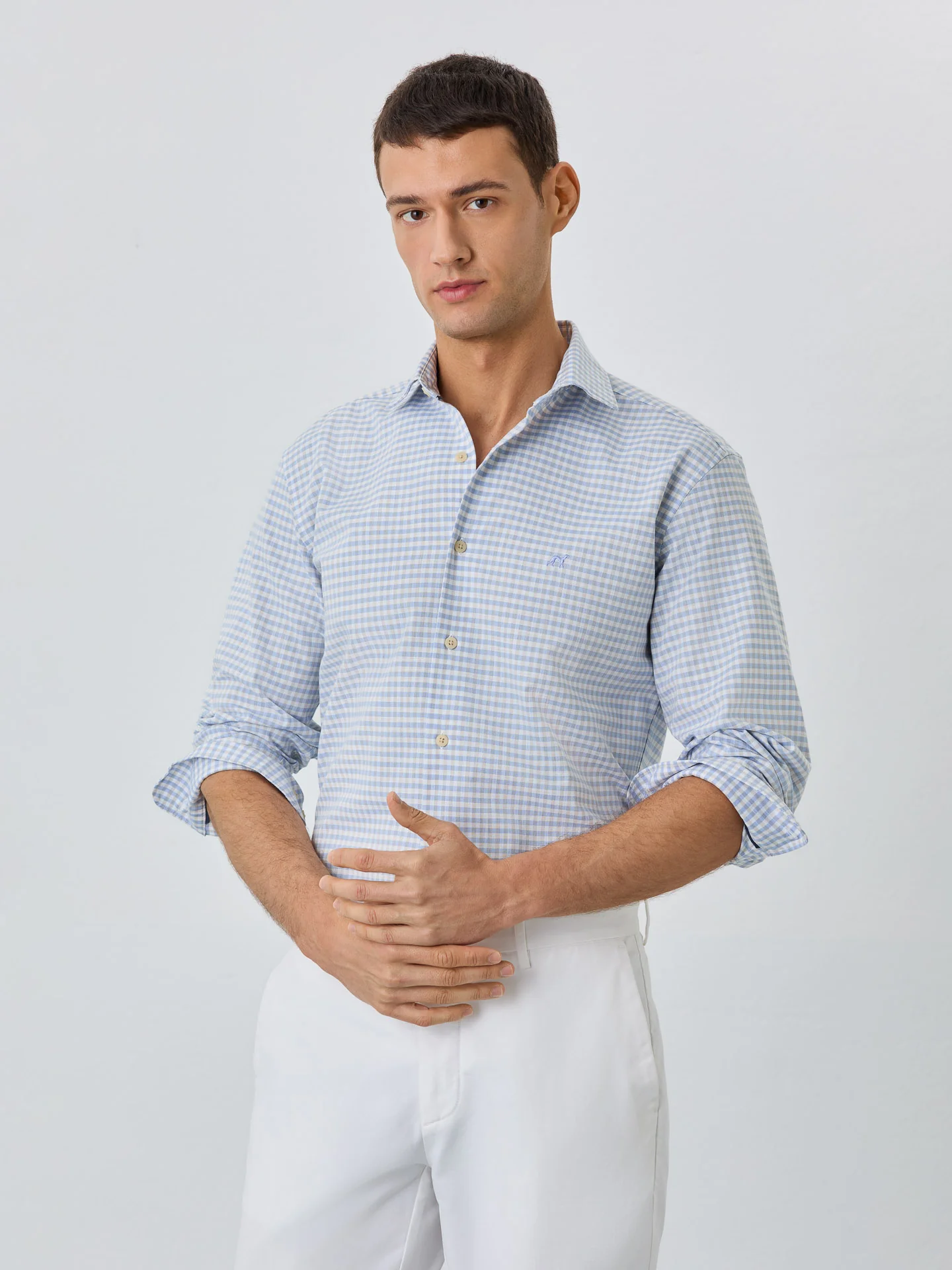 Slim Fit Shirt With Open Collar In BCI Cotton With Checks