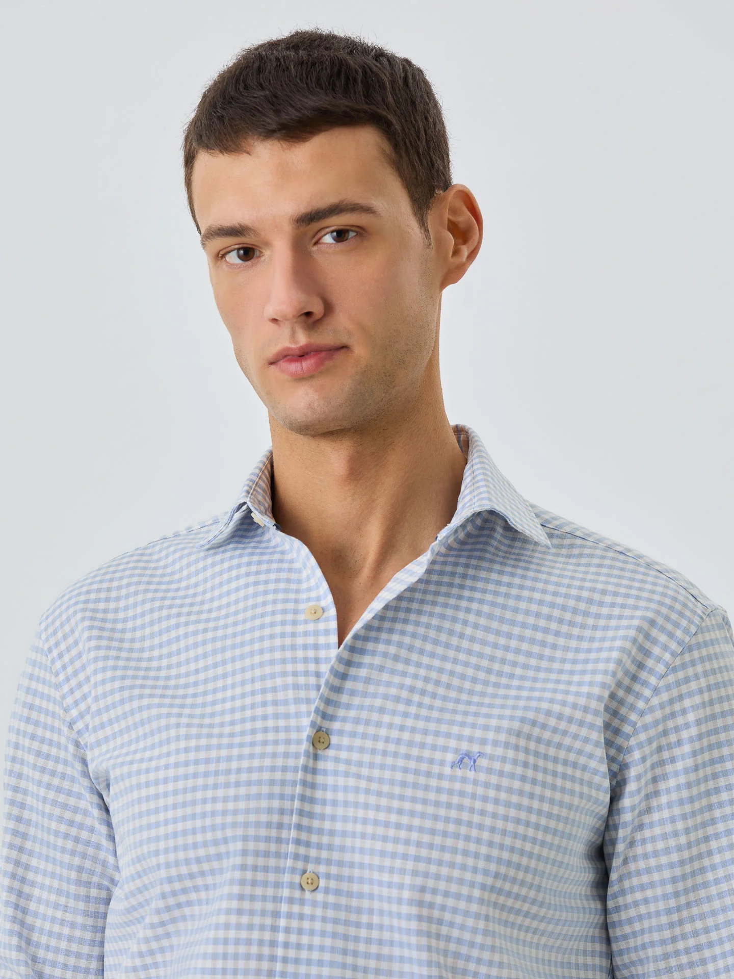 Slim Fit Shirt With Open Collar In BCI Cotton With Checks - Image 2