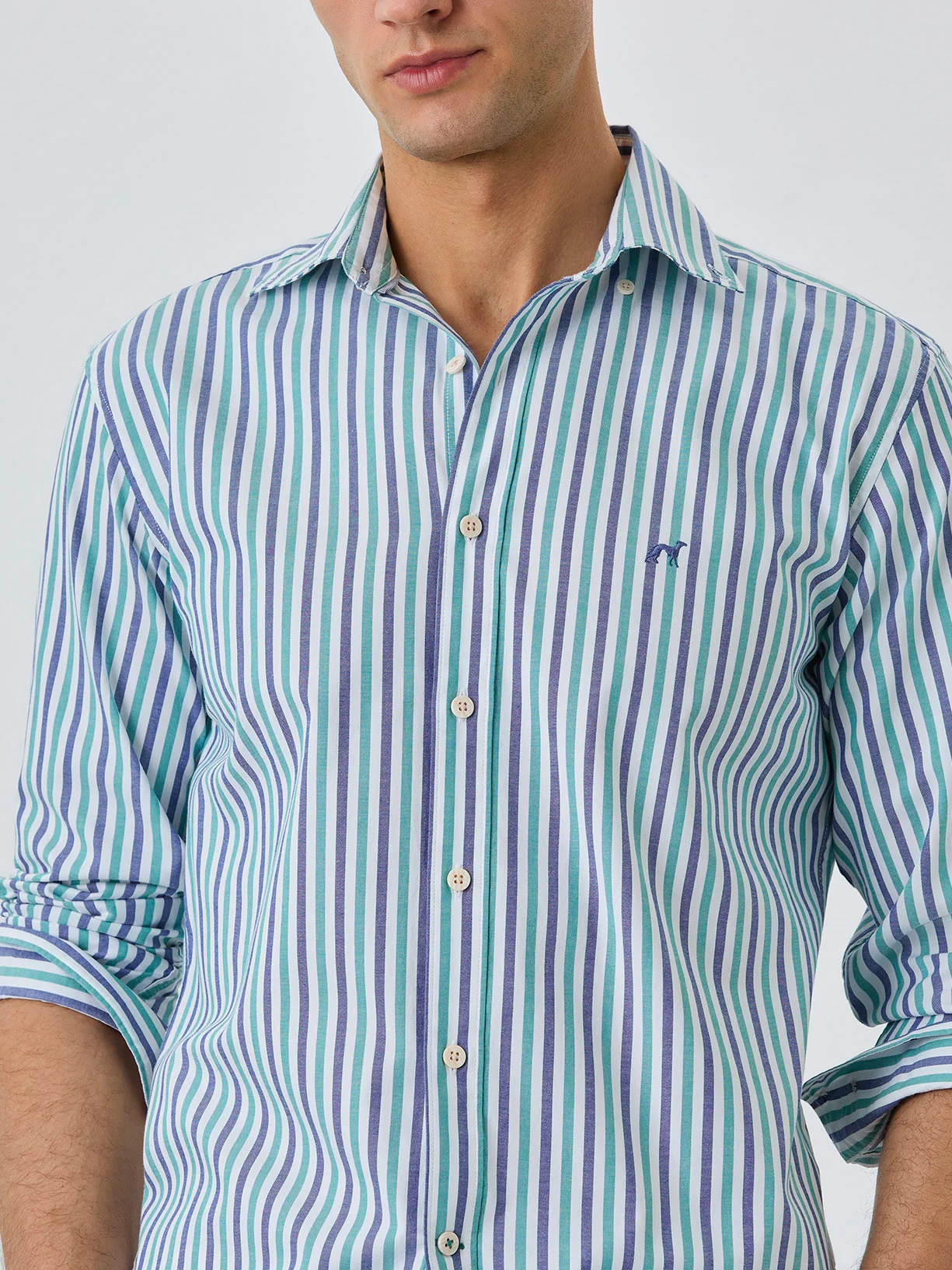 Slim Fit Shirt With Open Collar in BCI Cotton With Stripes