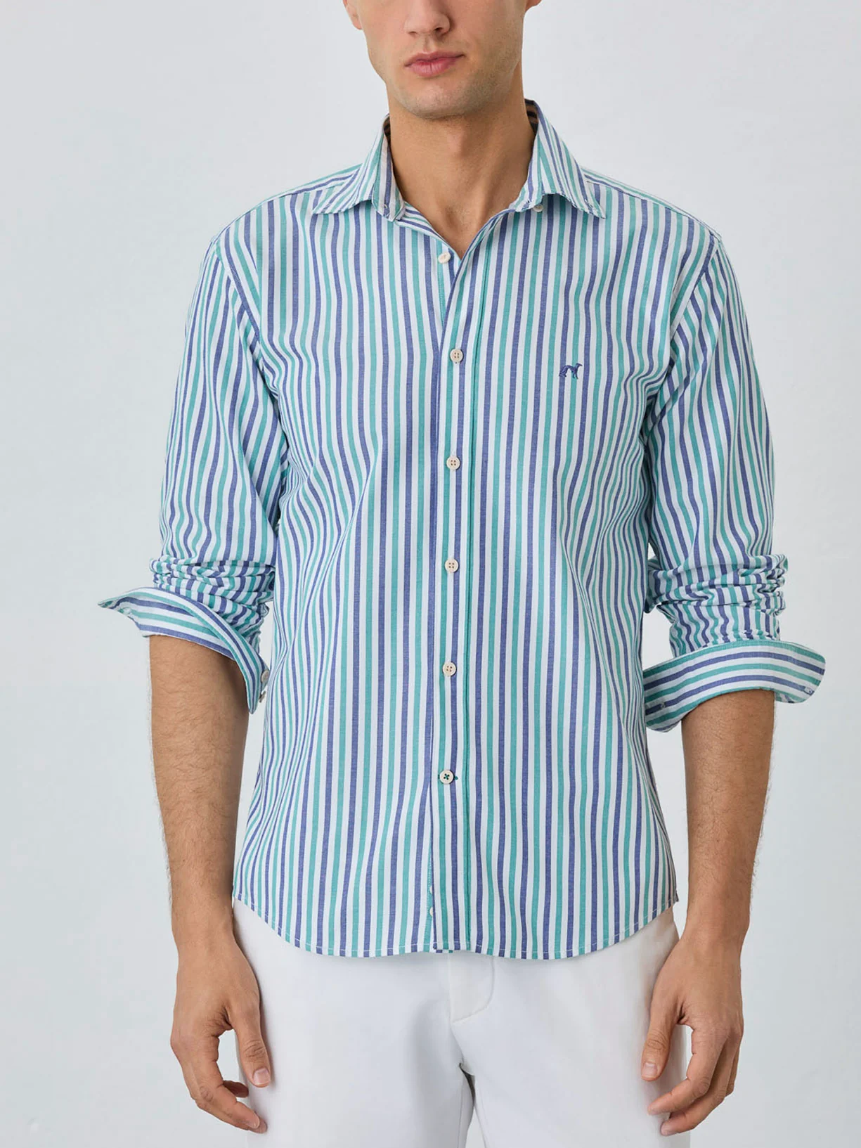 Slim Fit Shirt With Open Collar in BCI Cotton With Stripes - Image 2