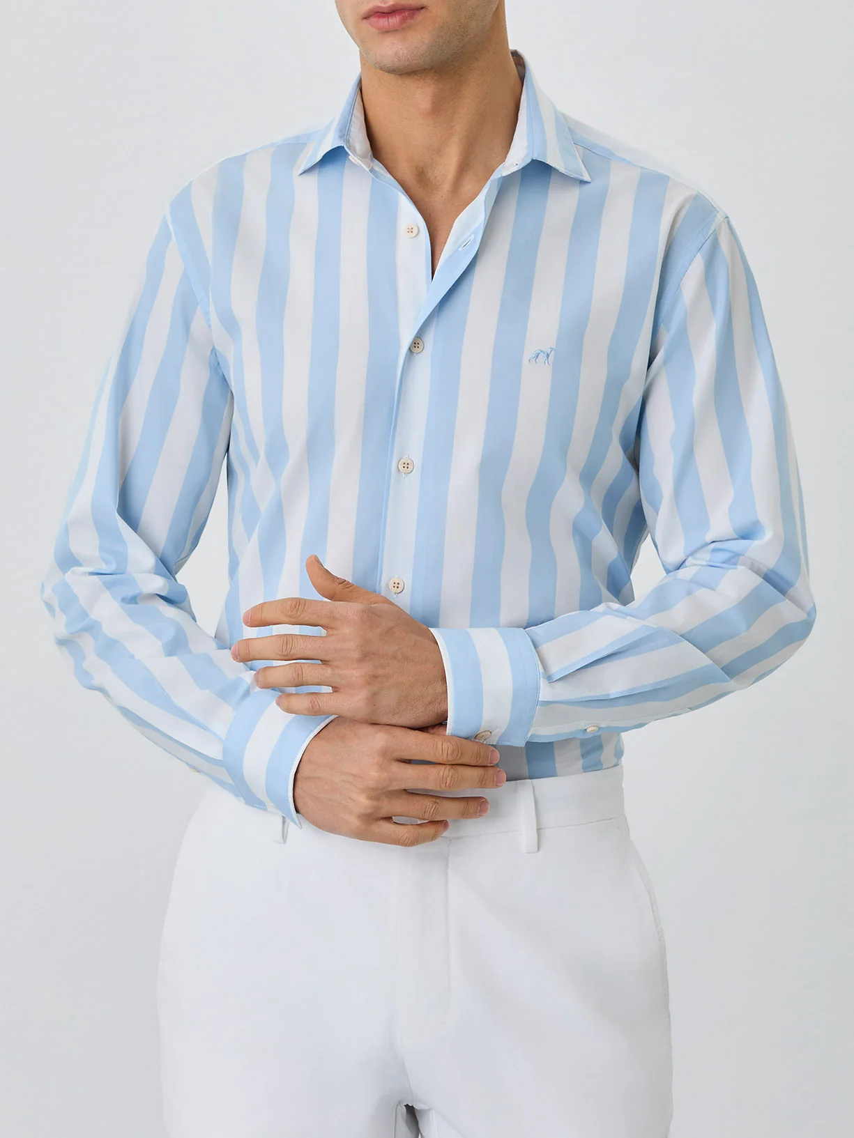 Slim Fit Shirt With Open Collar in BCI Cotton With Stripes