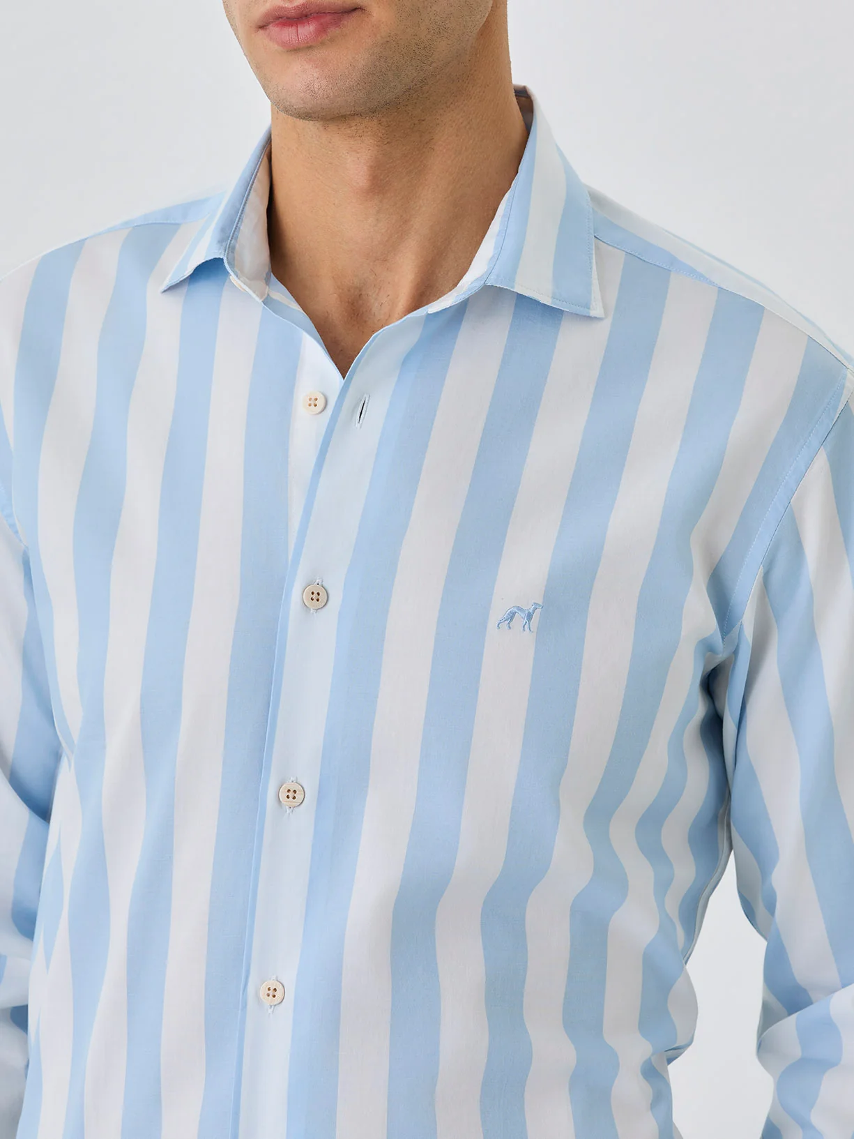Slim Fit Shirt With Open Collar in BCI Cotton With Stripes - Image 2
