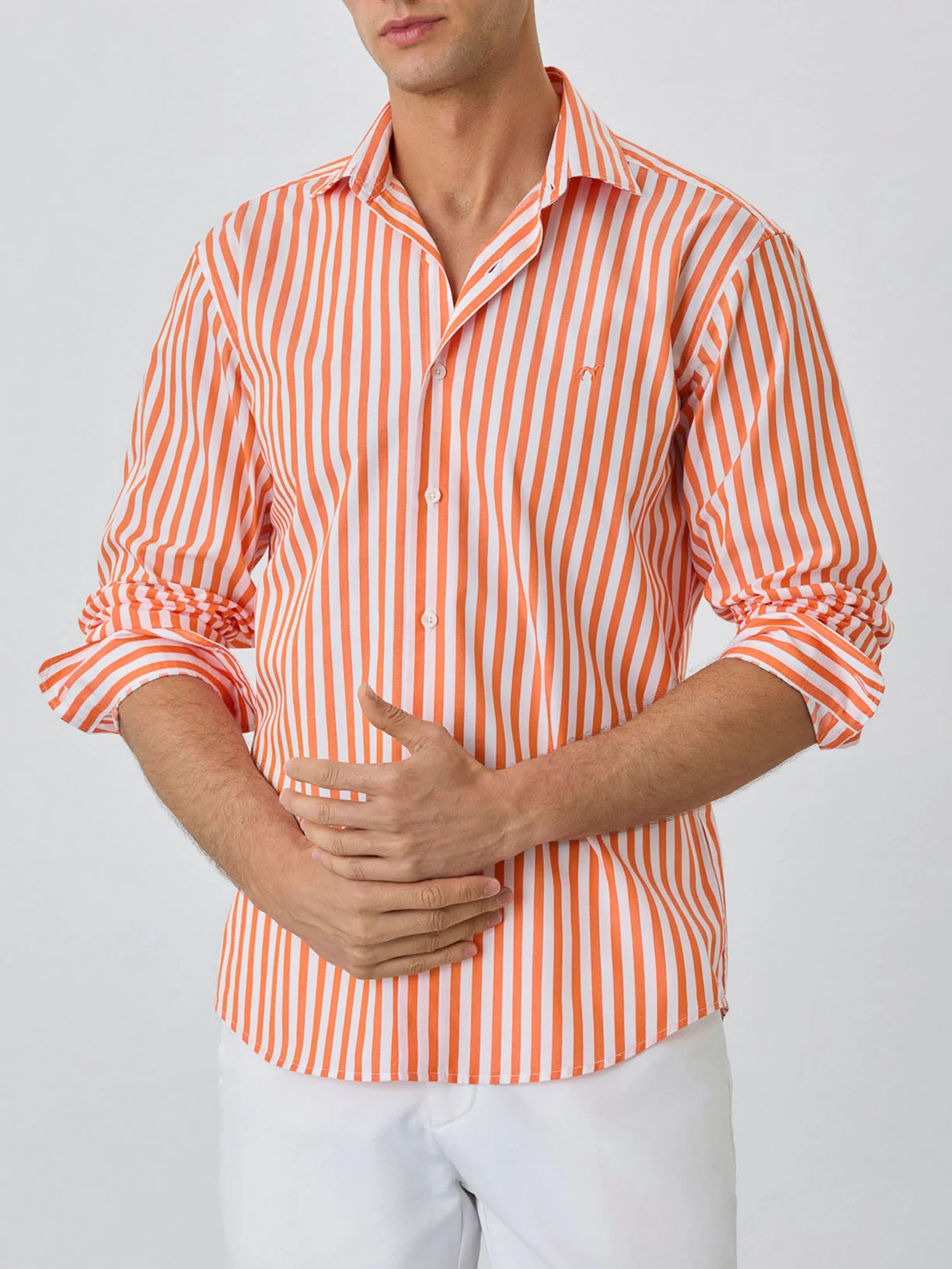 Slim Fit Shirt With Open Collar In BCI Cotton With Stripes - Image 2