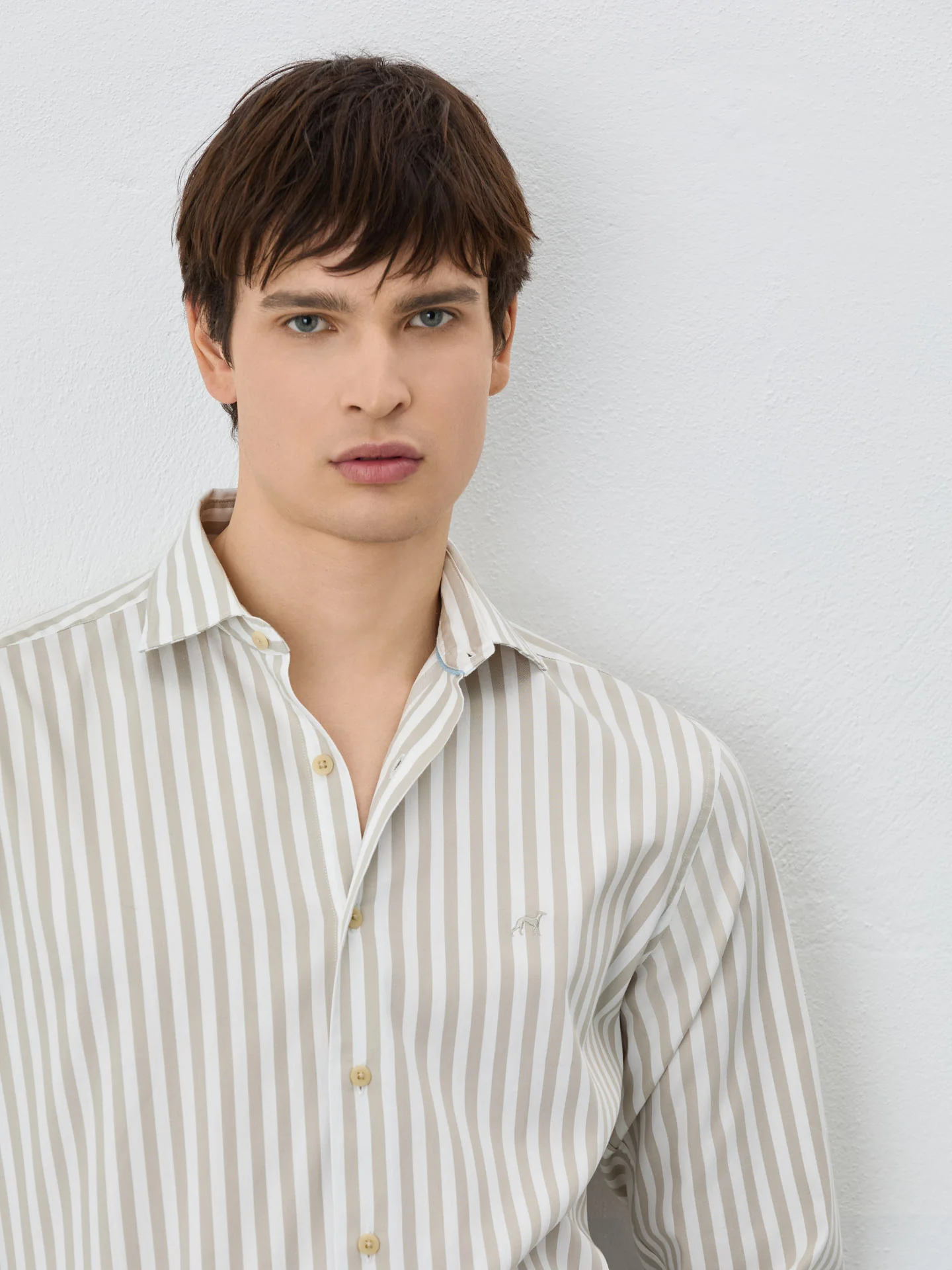Slim Fit Shirt With Open Collar In BCI Cotton With Stripes