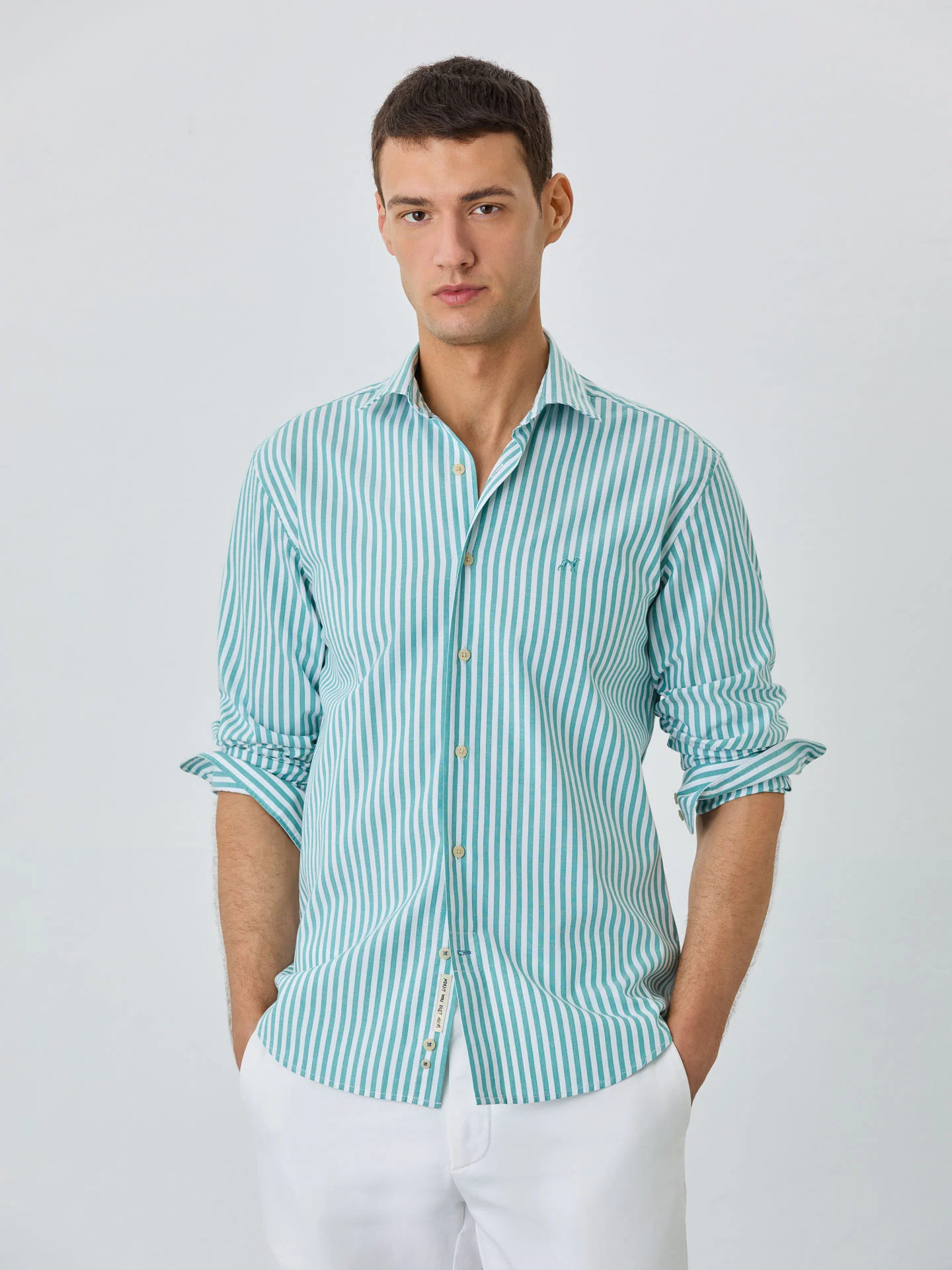 Slim Fit Shirt With Open Collar in BCI Cotton With Stripes