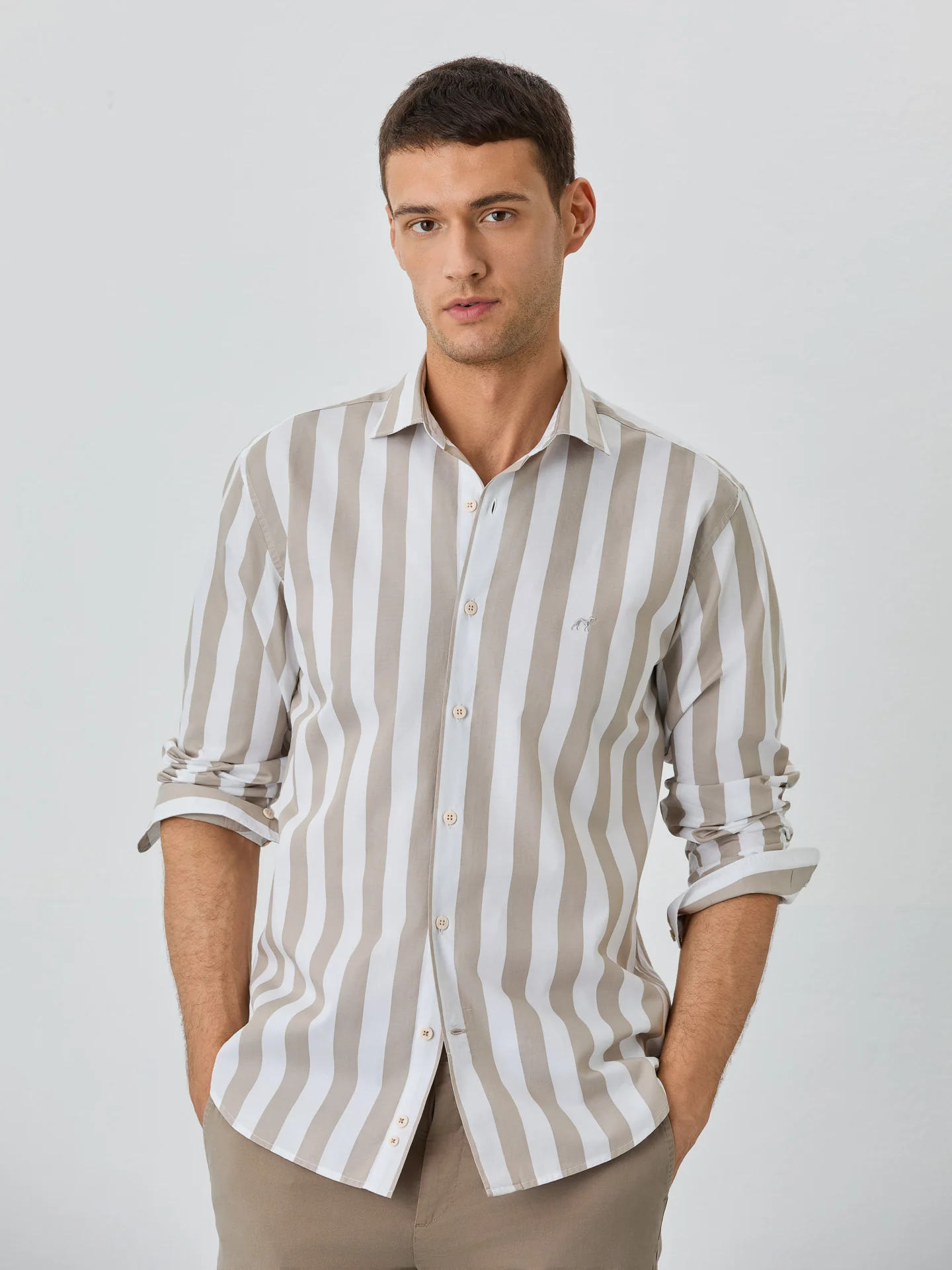 Slim Fit Shirt With Open Collar In BCI Cotton With Stripes - Image 2
