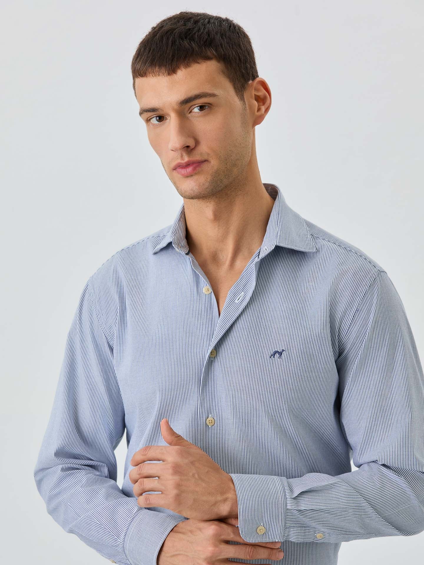 Slim Fit Shirt With Open Collar In BCI Cotton With Stripes