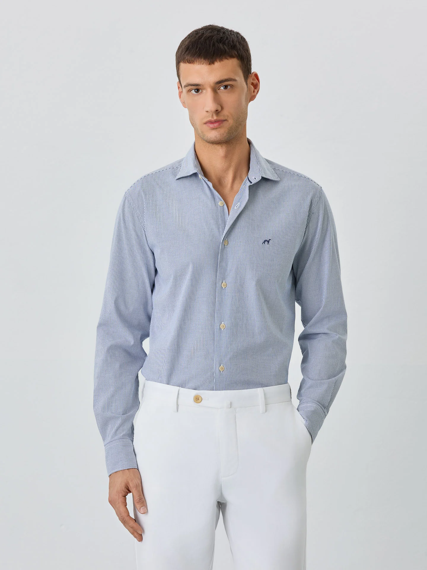 Slim Fit Shirt With Open Collar In BCI Cotton With Stripes - Image 2