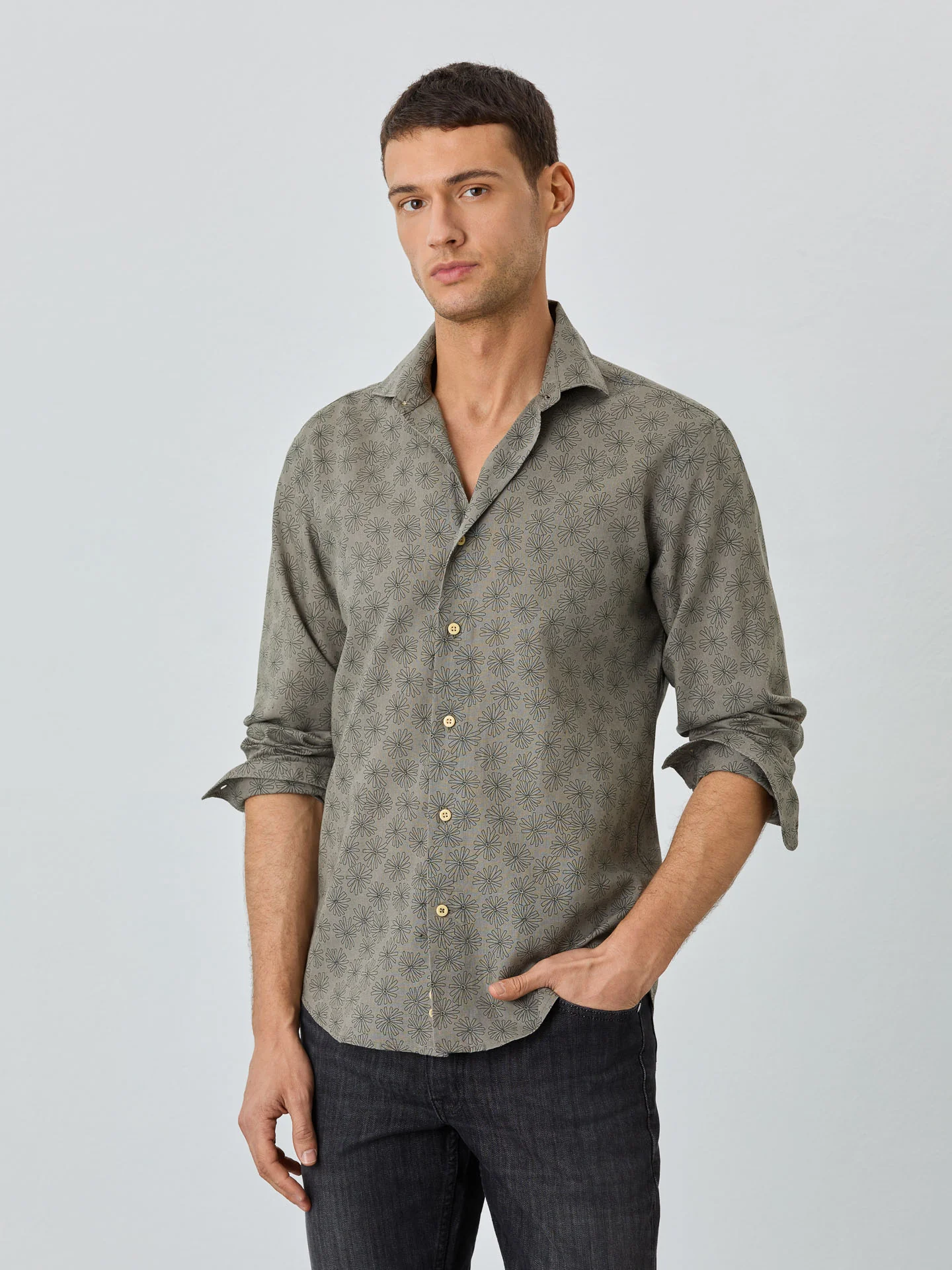 Slim Fit Shirt With Open Collar In Cotton-linen Blend With Print - Image 2