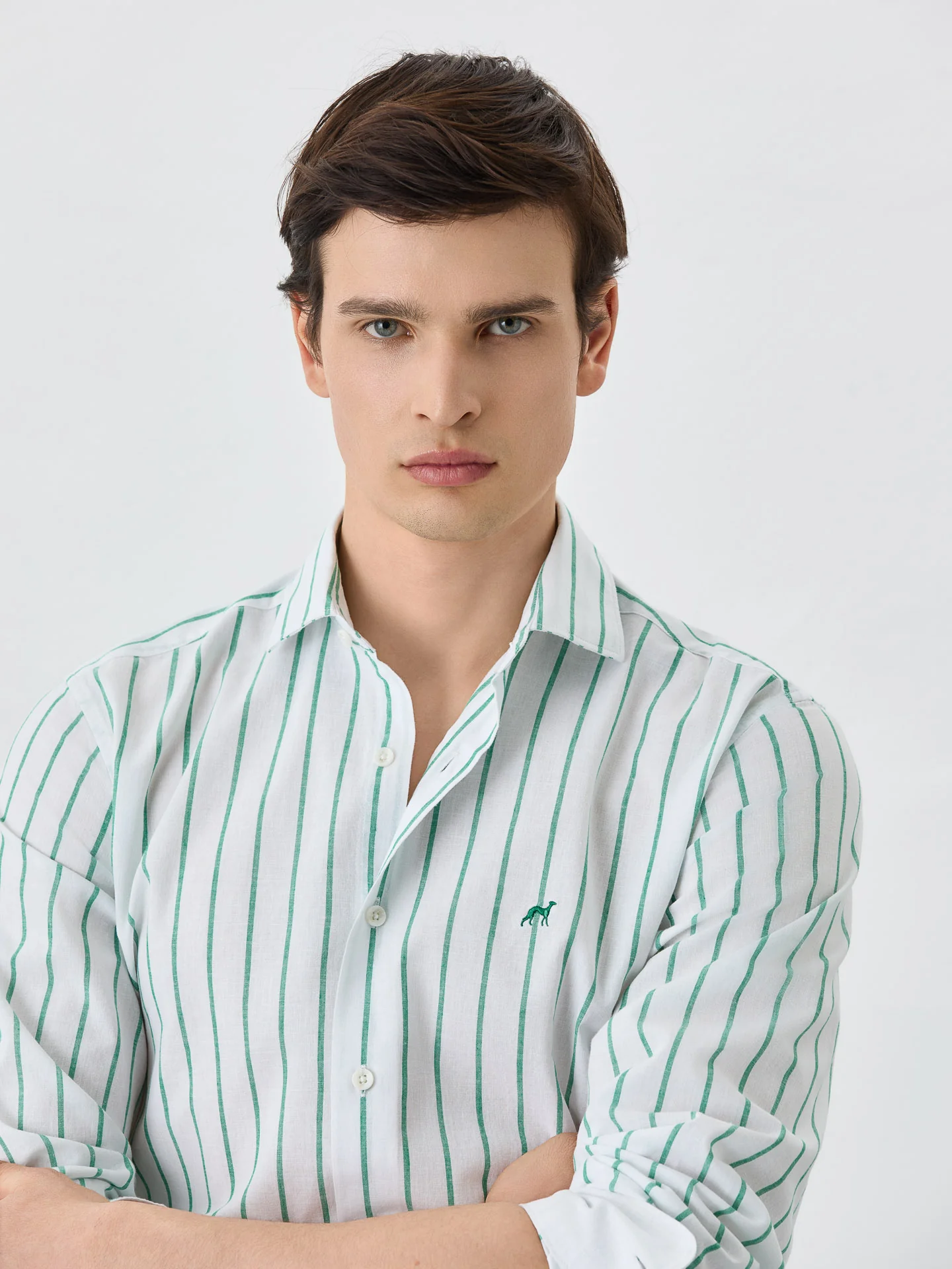 Slim Fit Shirt With Open Collar In Cotton-linen Blend With Stripes