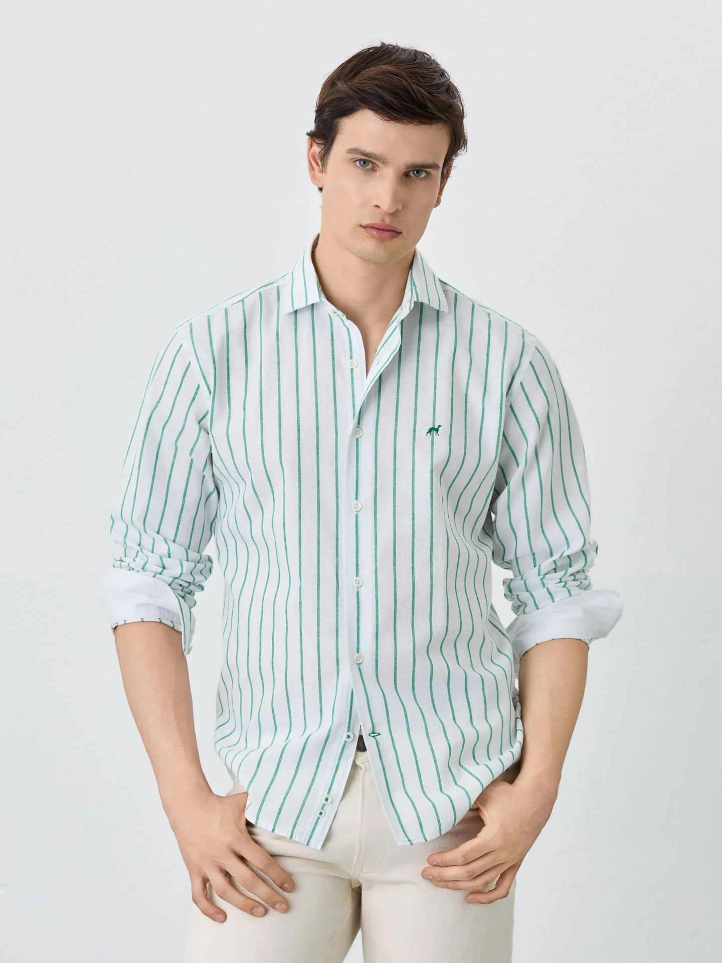 Slim Fit Shirt With Open Collar In Cotton-linen Blend With Stripes - Image 2