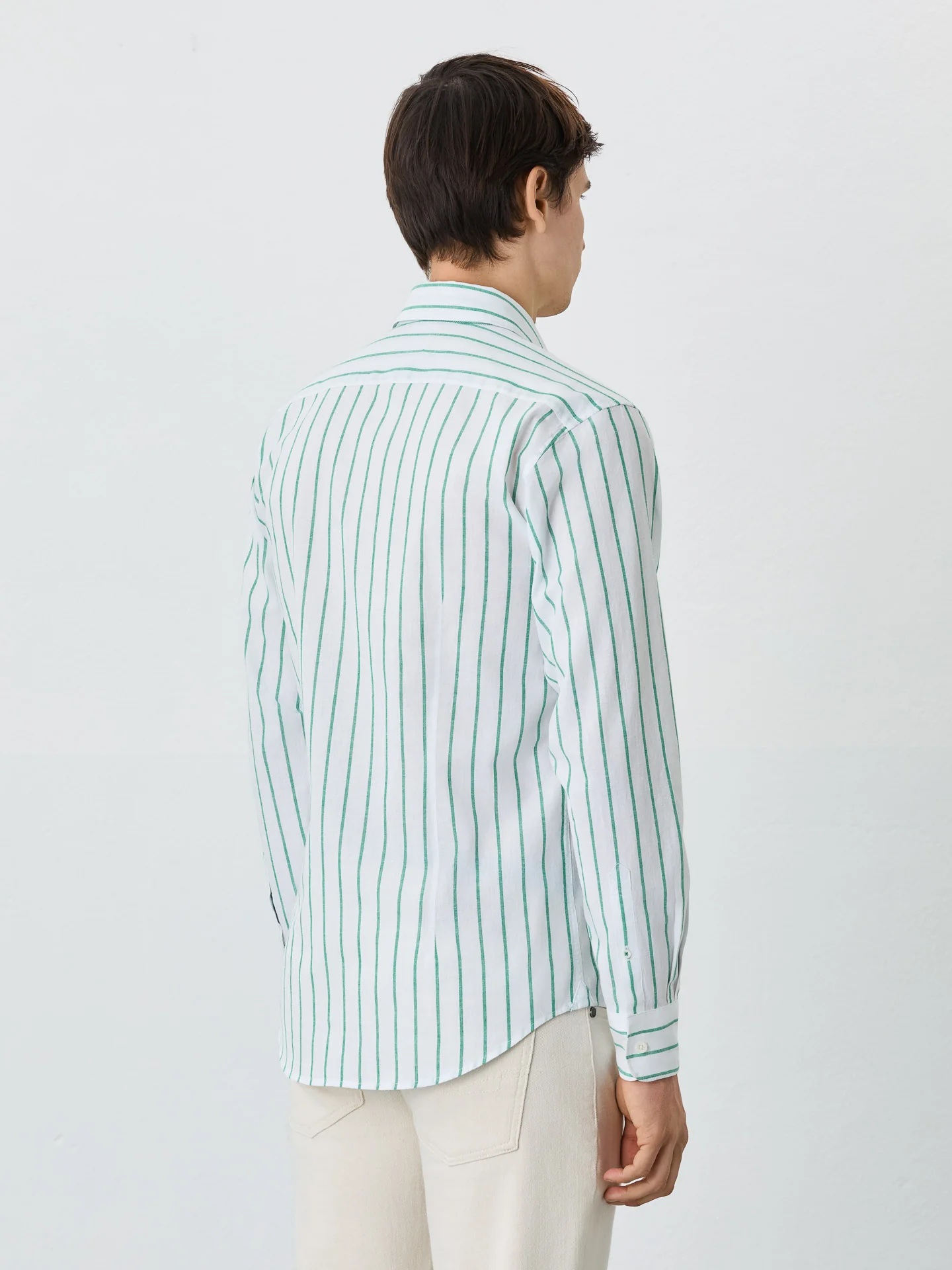 Slim Fit Shirt With Open Collar In Cotton-linen Blend With Stripes - Image 3