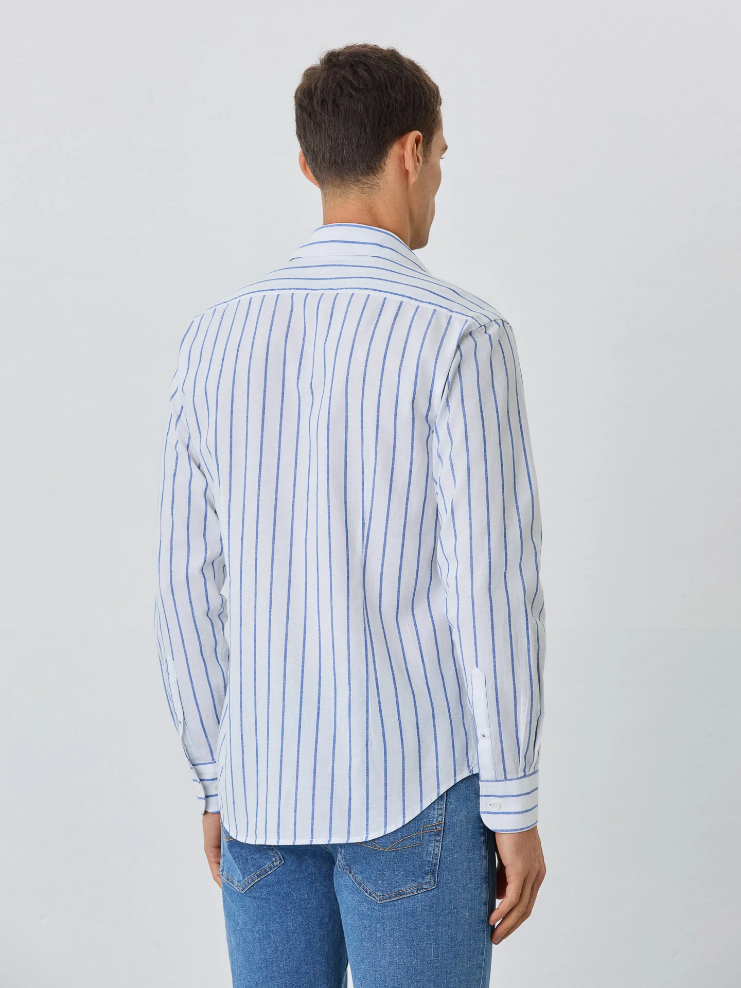 Slim Fit Shirt With Open Collar In Cotton-linen Blend With Stripes - Image 3