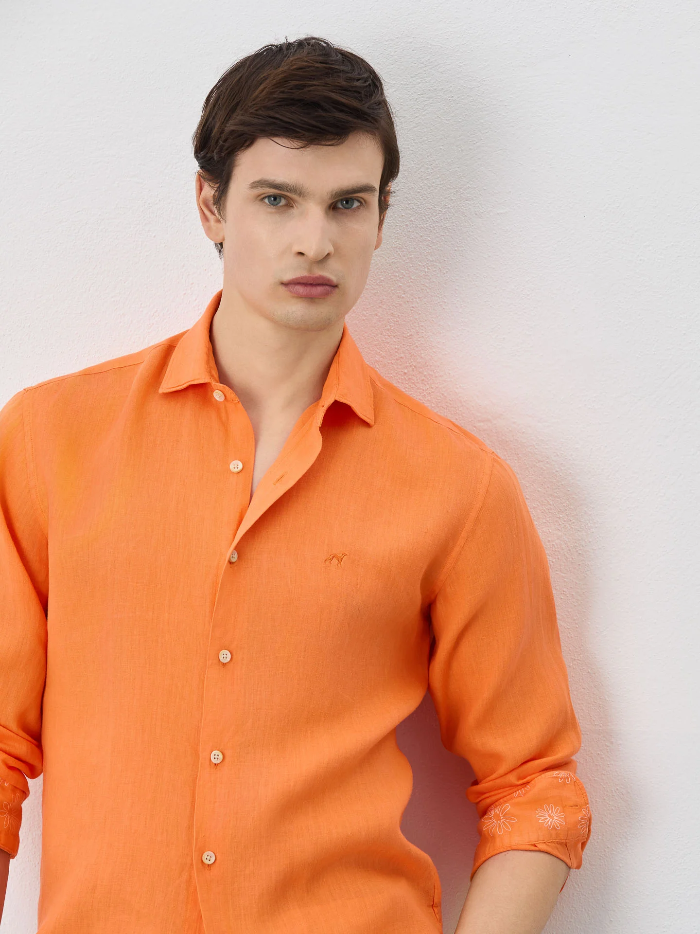 Slim Fit Shirt With Open Collar In Linen - Image 11
