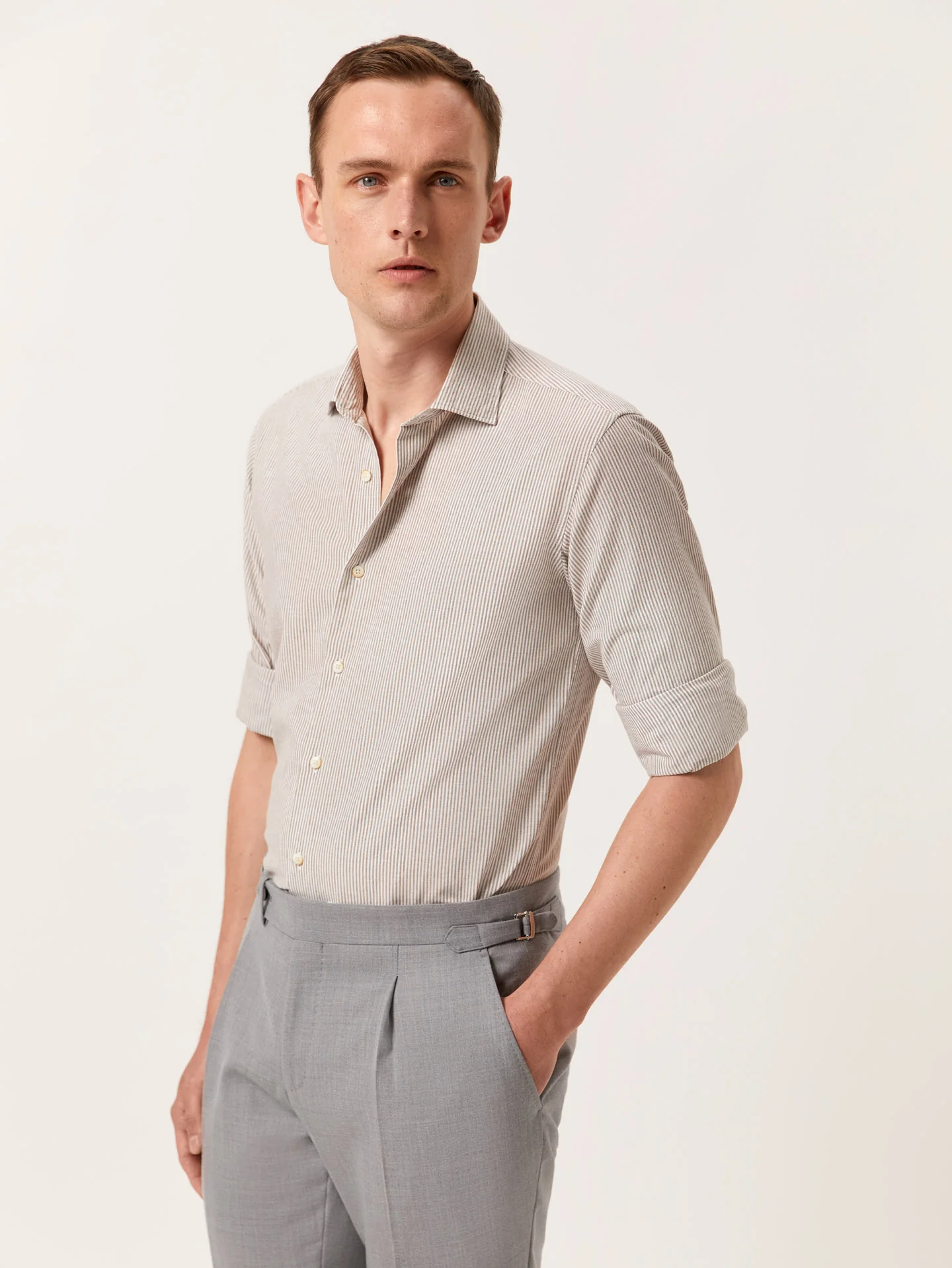 Slim Fit Striped Cotton Linen Shirt with Open Collar