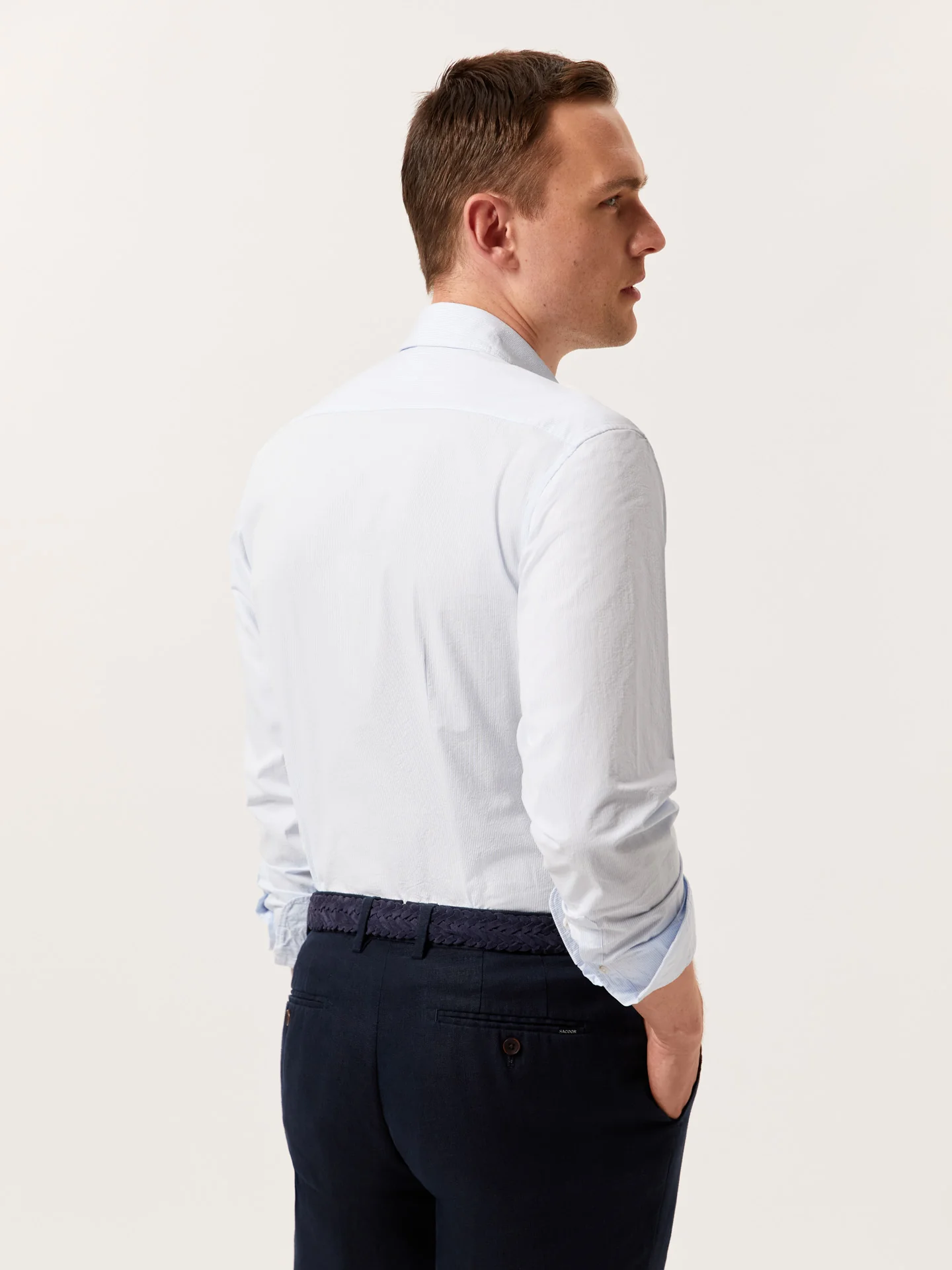 Slim Fit Striped Seersucker Shirt in Cotton Elastane with Open Collar - Image 3