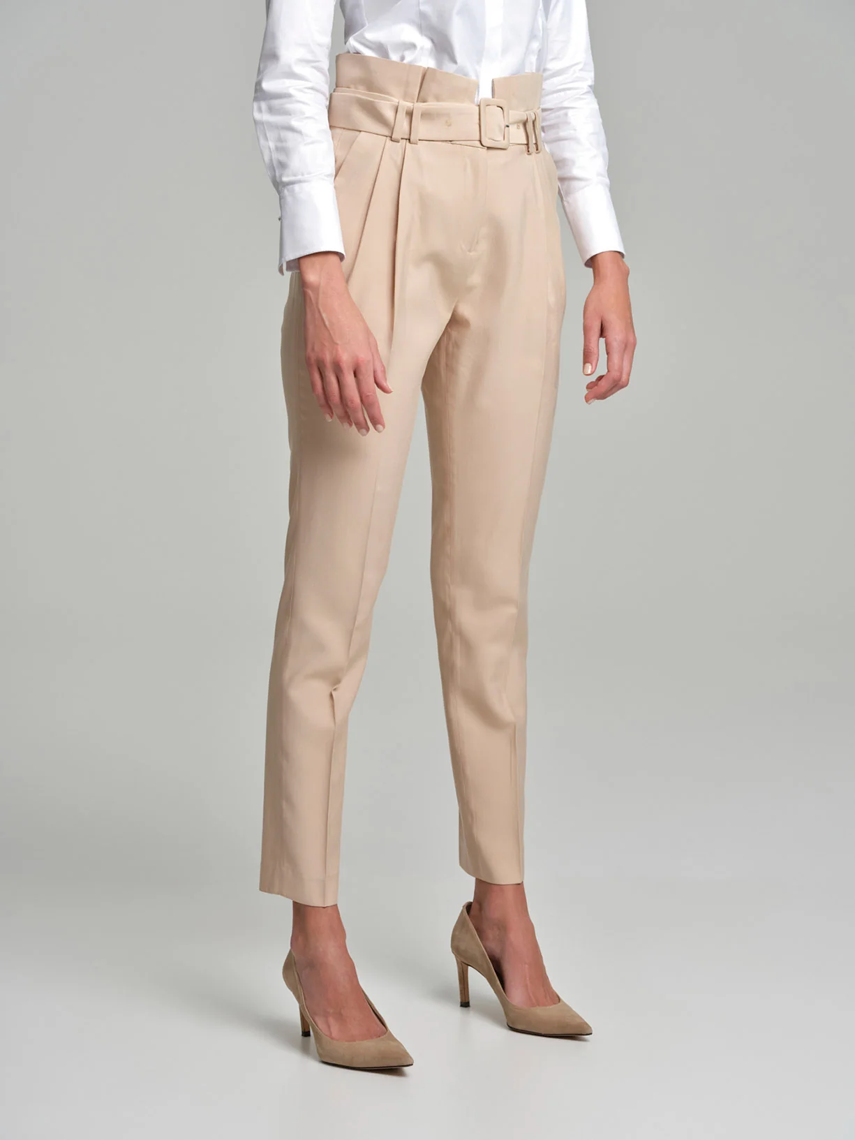 Straight leg pleated trousers with self-fabric buckle - Image 2