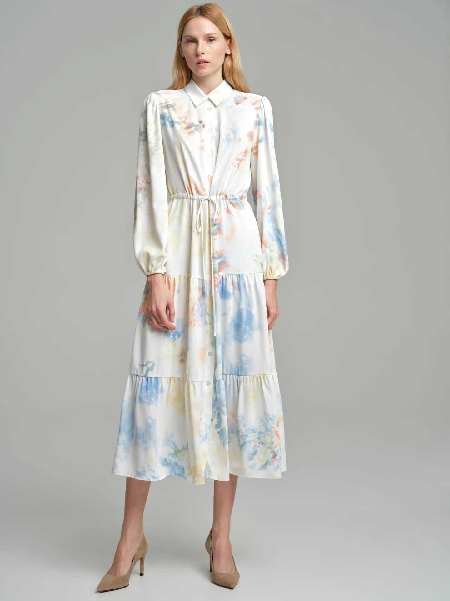 Watercolor print paneled shirt dress
