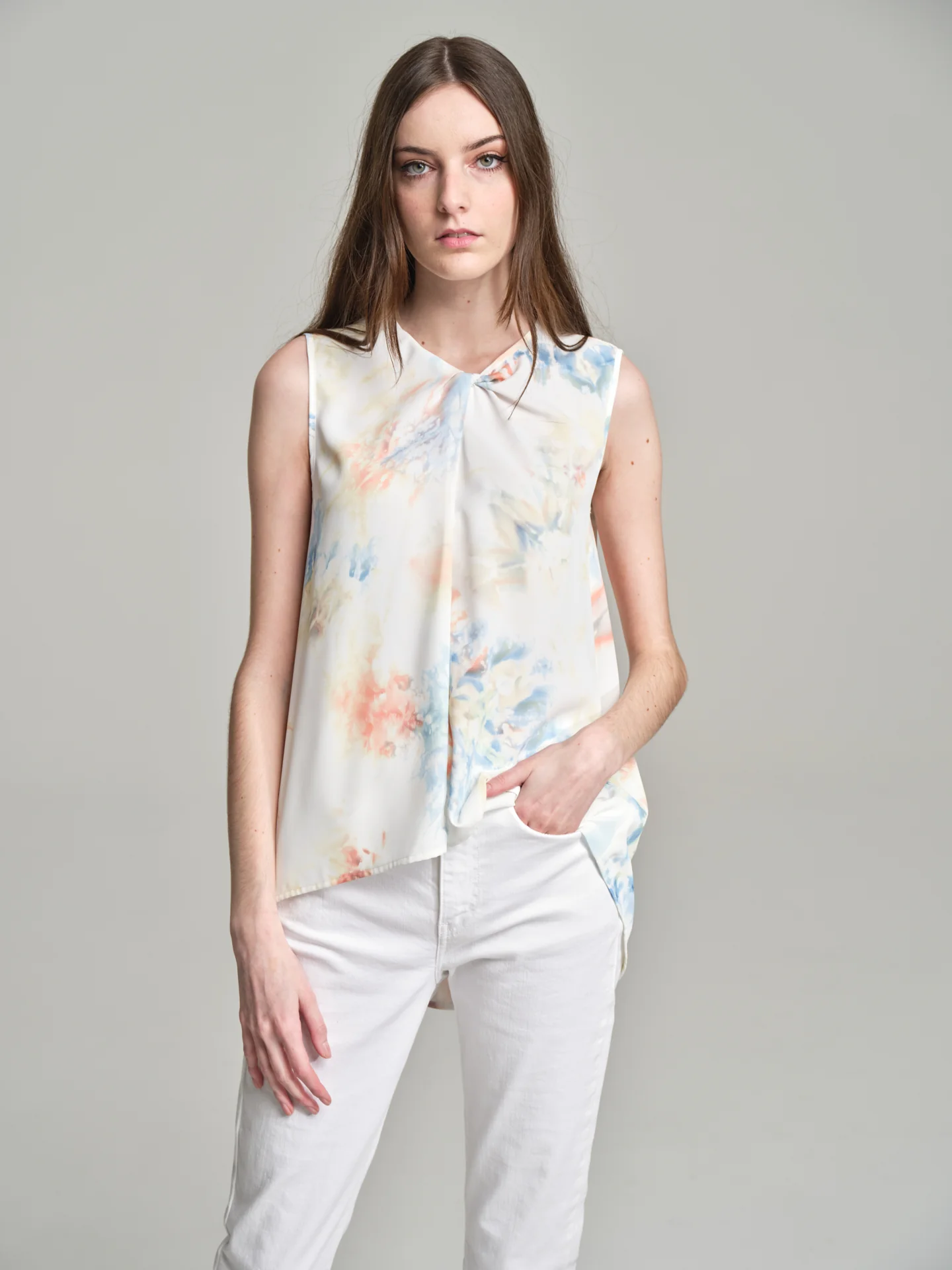 Watercolor printed top with twisted collar