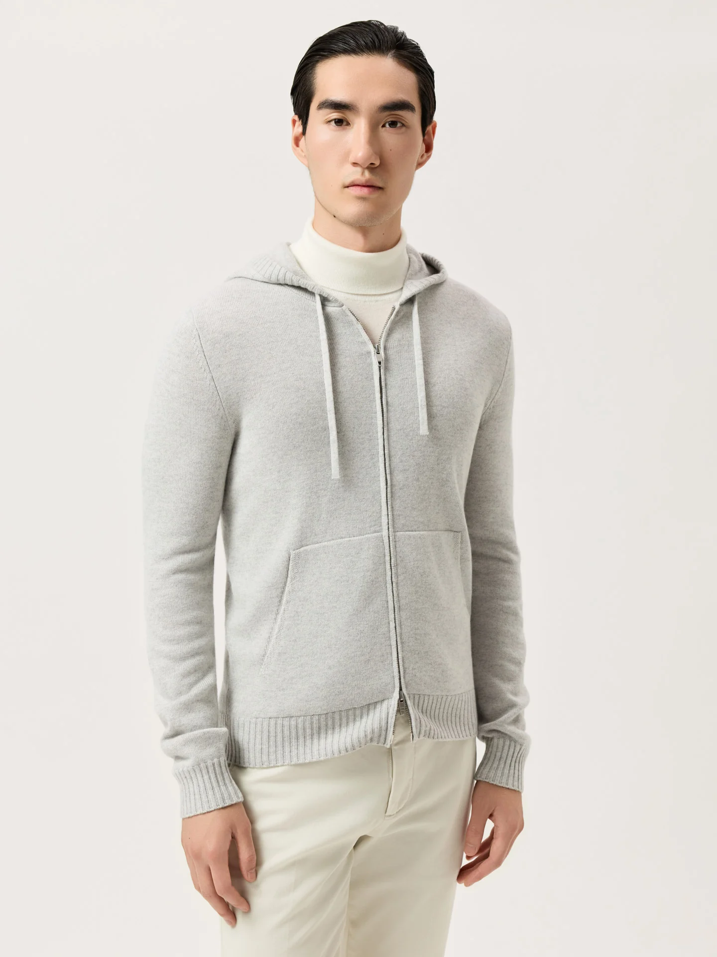 Zip-Up Hooded Cardigan With Kangaroo Pocket In Wool Cashmere Blend